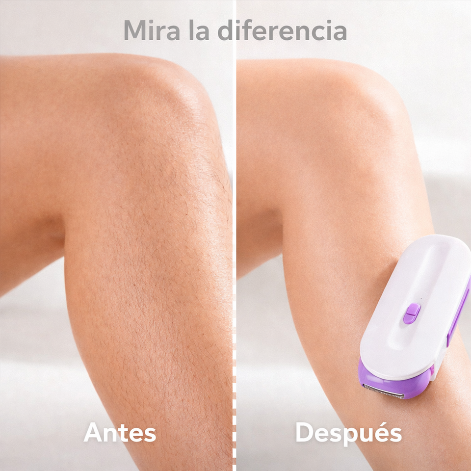 Comparación antes y después de depilación en pierna femenina, mostrando eliminación del vello y piel suave con depiladora eléctrica