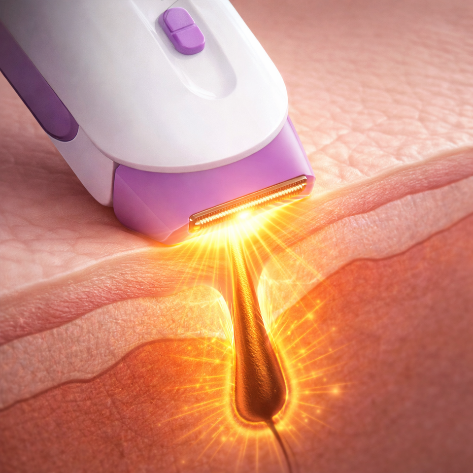 Depiladora eléctrica con tecnología IPL actuando sobre el folículo del vello, mostrando eliminación desde la raíz de forma segura y eficaz.