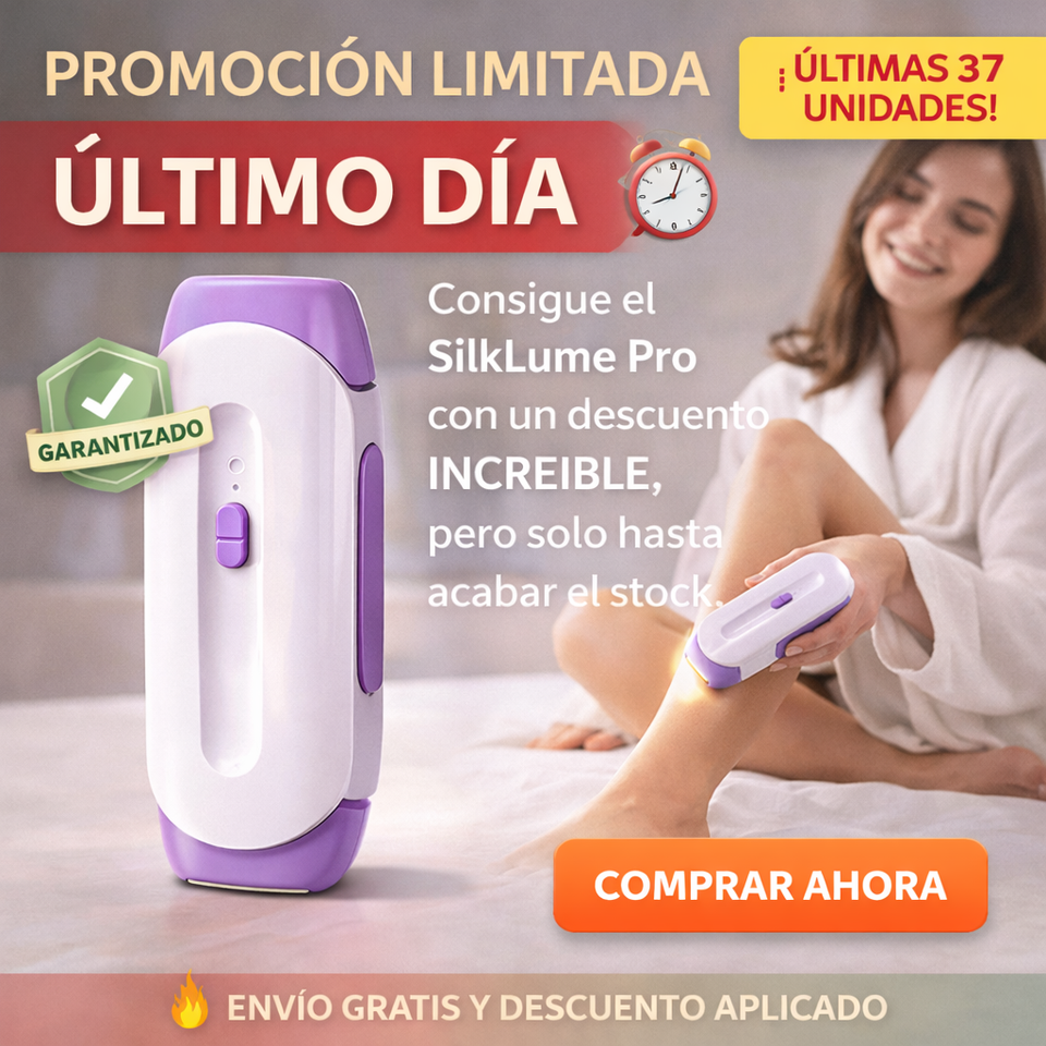 Depiladora eléctrica en promoción limitada con últimas unidades disponibles, mujer usándola en casa y botón de comprar ahora con descuento.