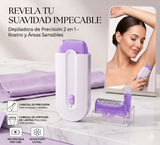Depiladora eléctrica femenina con accesorios sobre superficie elegante, mostrando uso en axila y cuidado de zonas sensibles con diseño recargable.